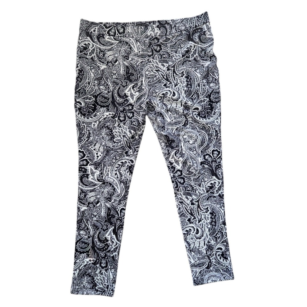 Susan Graver Weekend Pull On Ankle Pants Black Paisley Stretch Comfort Size 1X